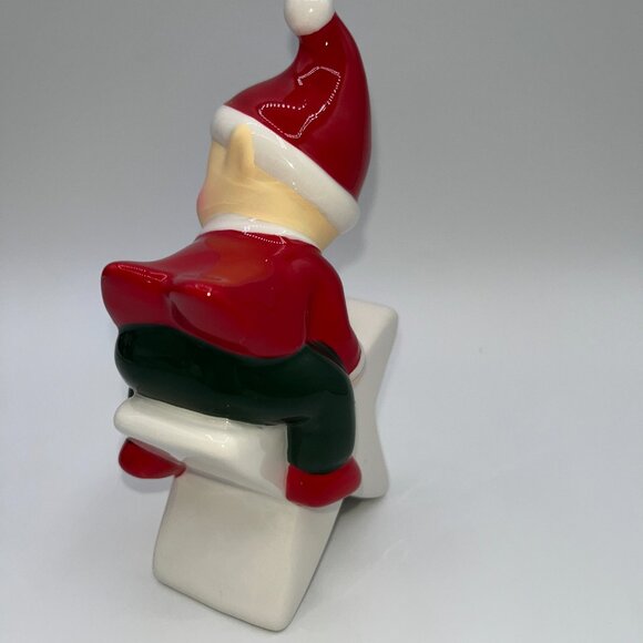 Retro Ceramic Red Elf Pixie Santa's Helper Sitting on a Golden Star Christmas - Picture 5 of 10